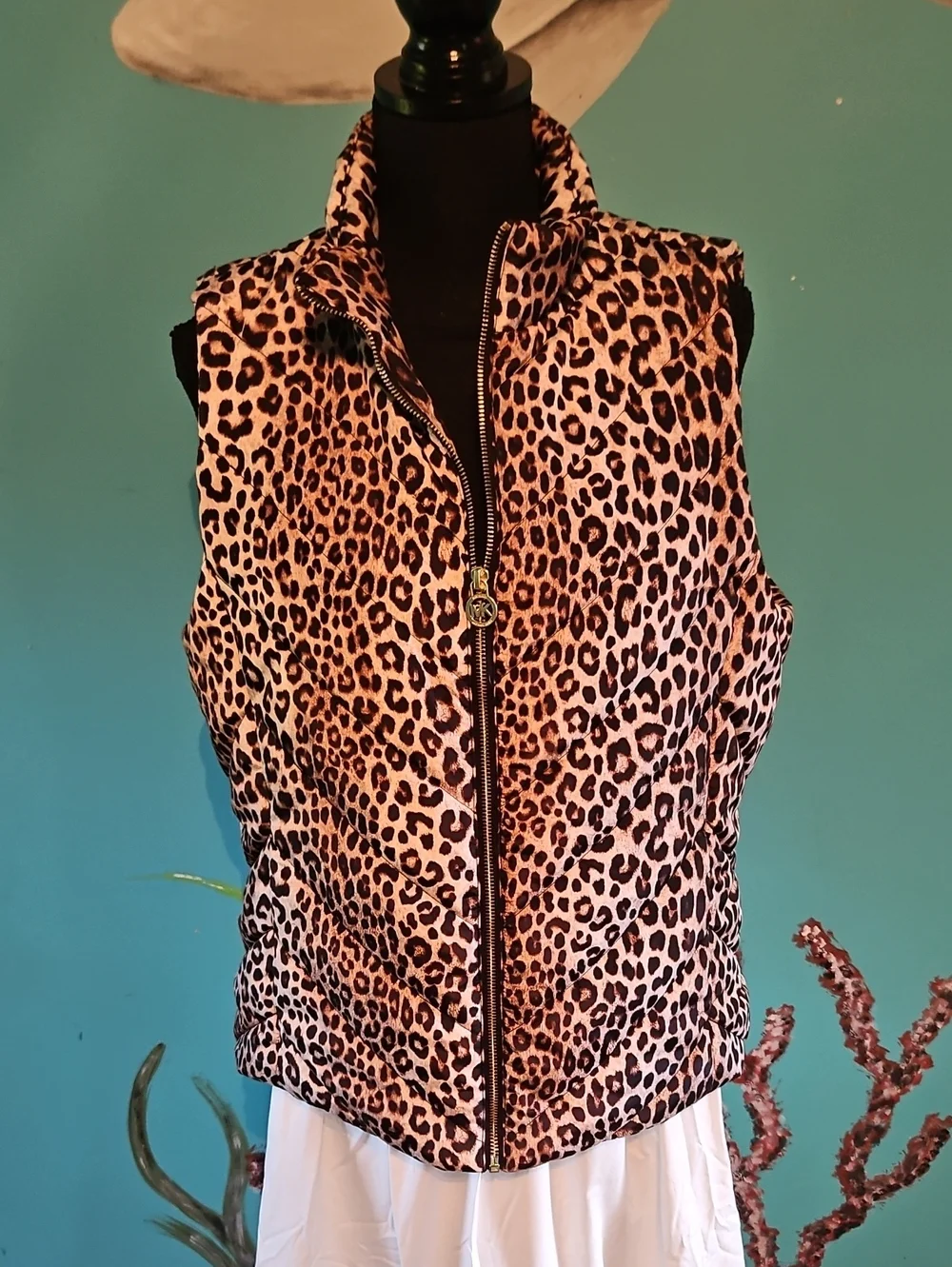 Michael Kors Leopard-Print Quilted Puffer Vest in Tan and Black